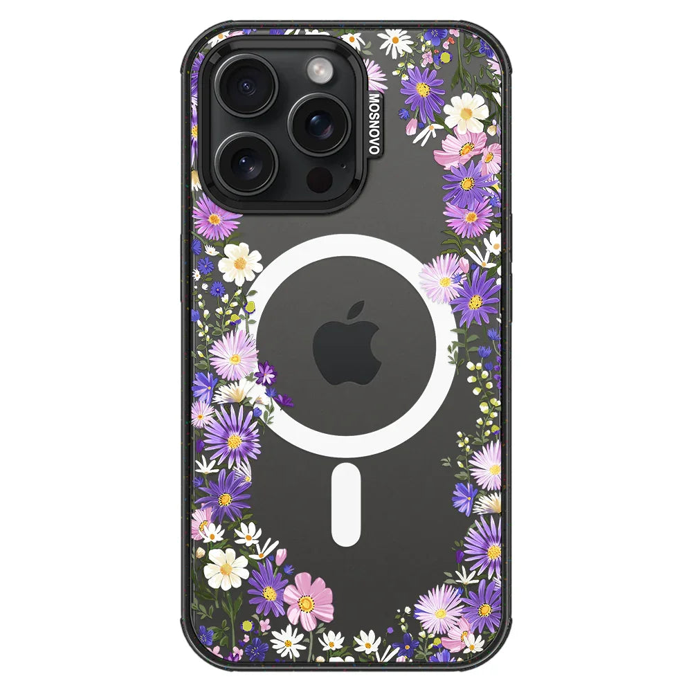 Purple Daisy Garden Phone Case - iPhone 15 Pro Max Case Clear Black ShockStone With MagSafe