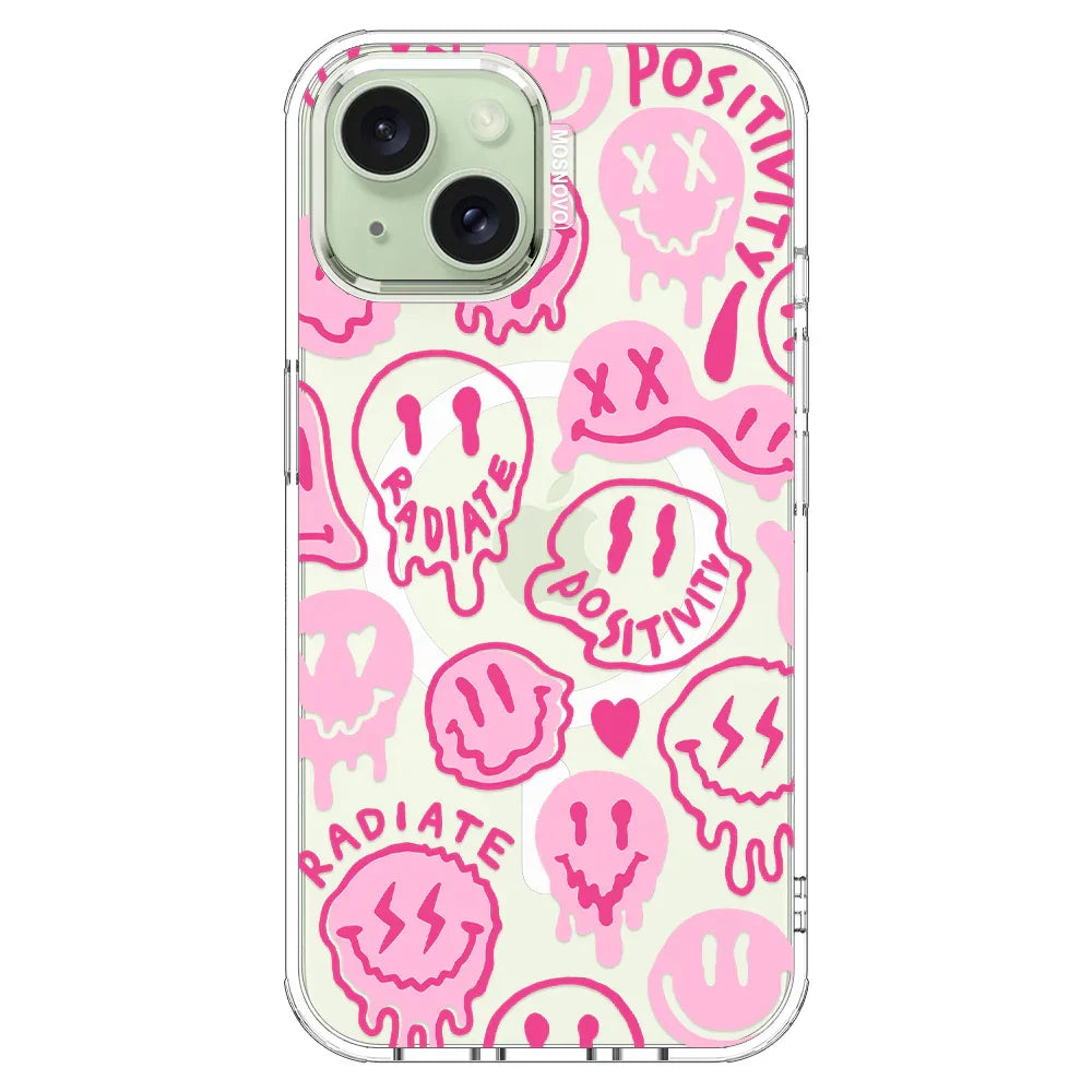 Pink Dripping Smiles Positivity Radiate Face Phone Case - iPhone 15 Case Clear With MagSafe