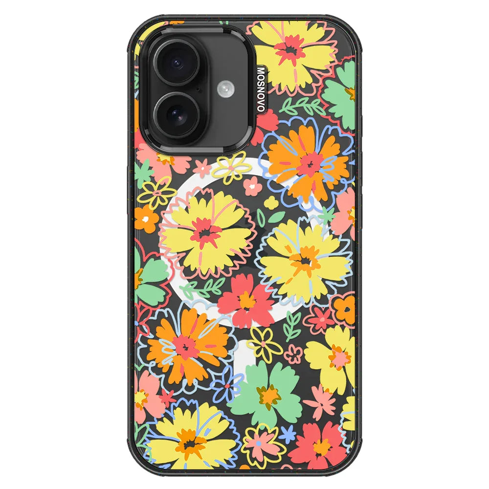 Retro Boho Hippie Flowers Phone Case - iPhone 16 Plus Case Clear Black ShockStone With MagSafe