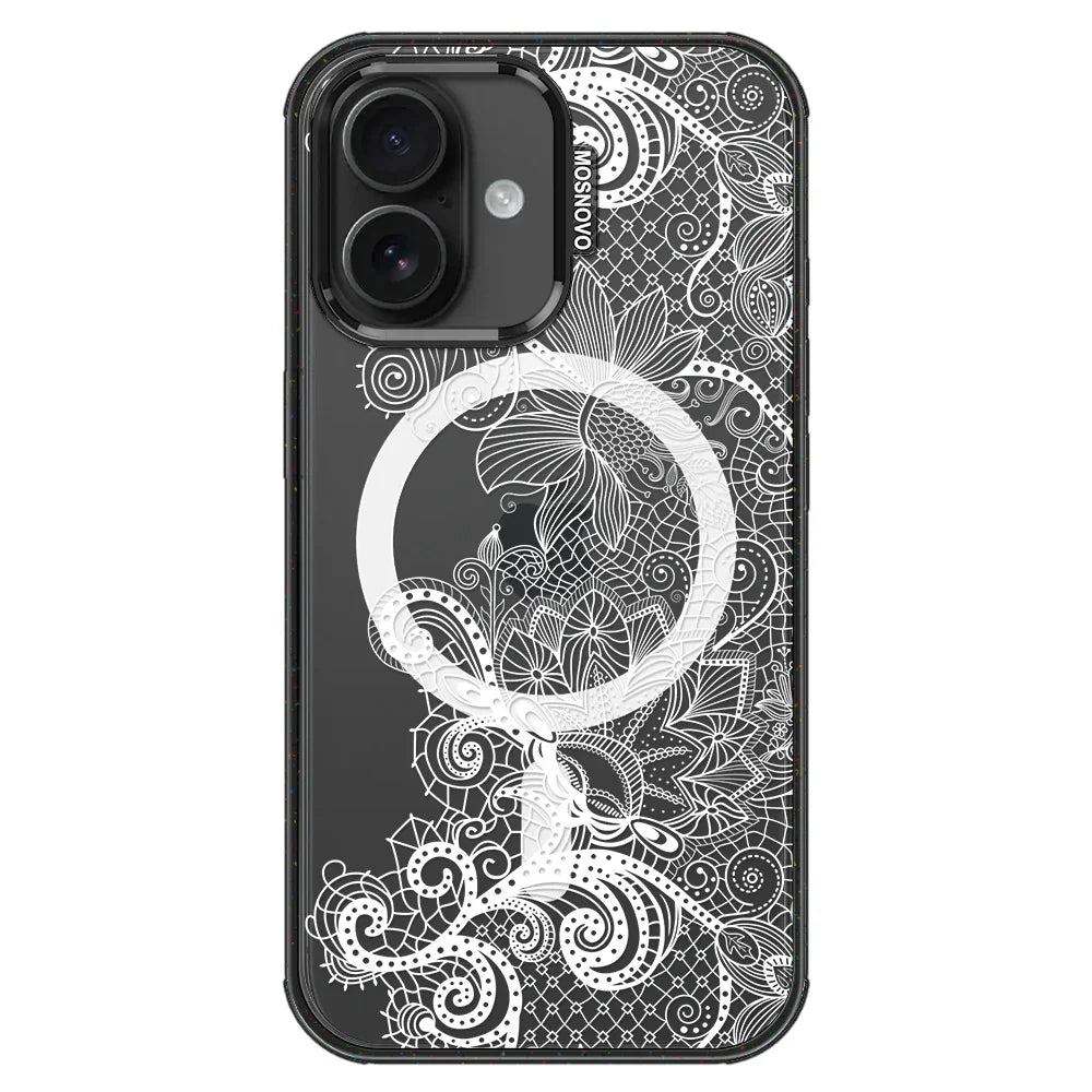 Lacy White Flower Phone Case - iPhone 16 Case Clear Black ShockStone With MagSafe