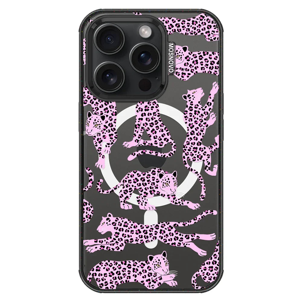 Pink Leopard Phone Case - iPhone 15 Pro Case Clear Black ShockStone With MagSafe