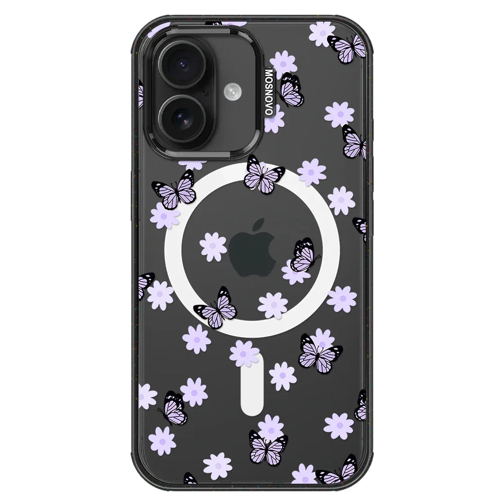 Lilac Butterfly Phone Case - iPhone 16 Case Clear Black ShockStone With MagSafe