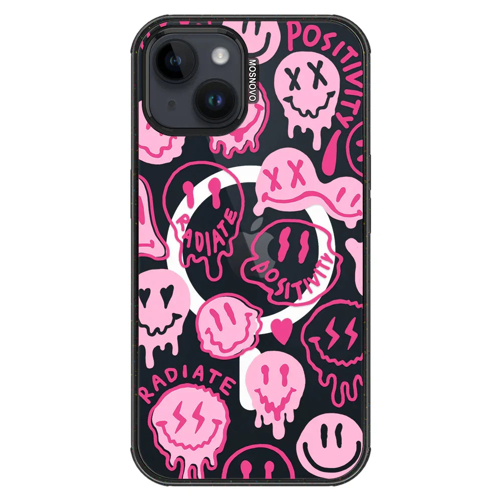 Pink Dripping Smiles Positivity Radiate Face Phone Case - iPhone 14 Case Clear Black ShockStone With MagSafe