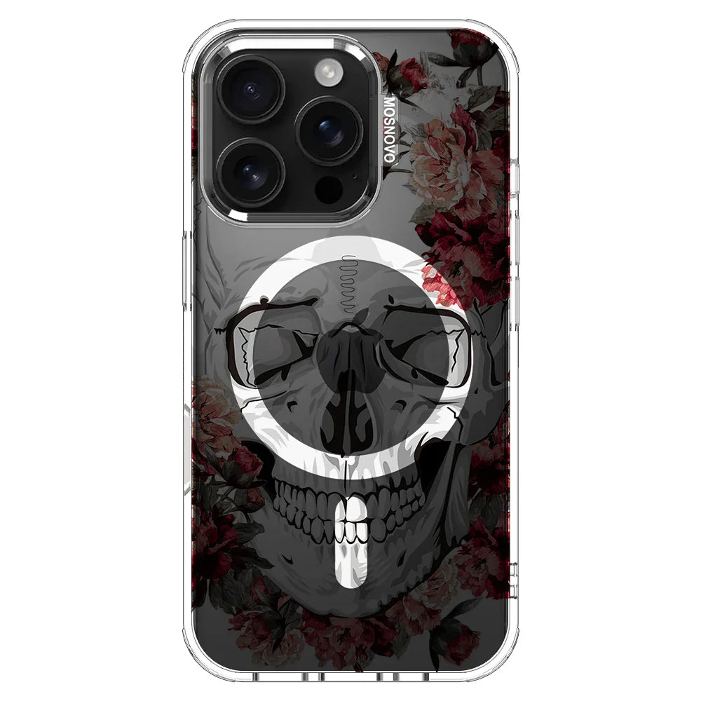 Red Flower Skull Phone Case - iPhone 16 Pro Case Clear With MagSafe