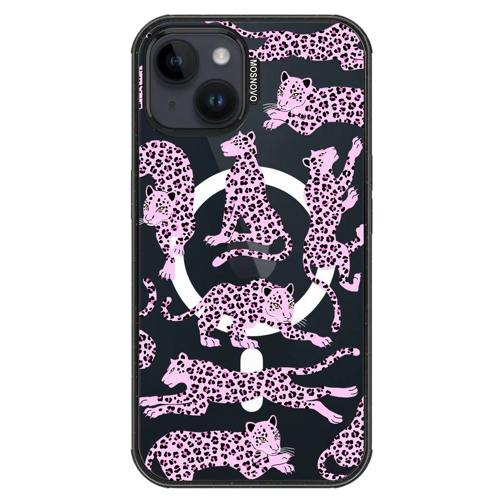 Pink Leopard Phone Case - iPhone 14 Case Clear Black ShockStone With MagSafe