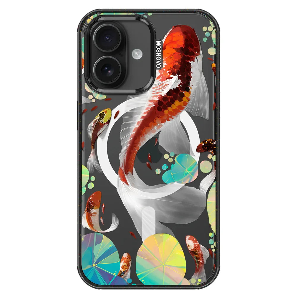 Koi Art Phone Case - iPhone 16 Case Clear Black ShockStone With MagSafe