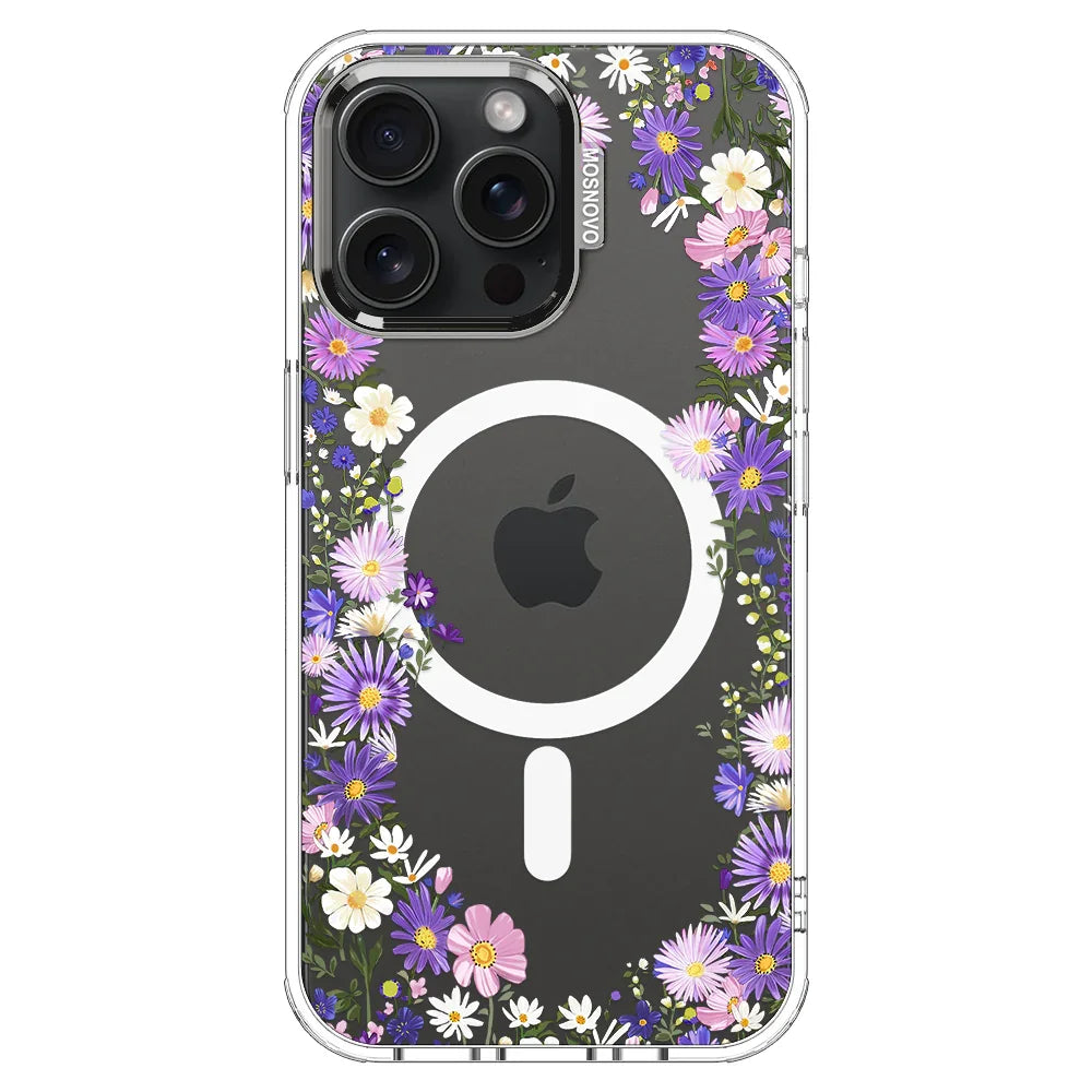 Purple Daisy Garden Phone Case - iPhone 15 Pro Max Case Clear With MagSafe