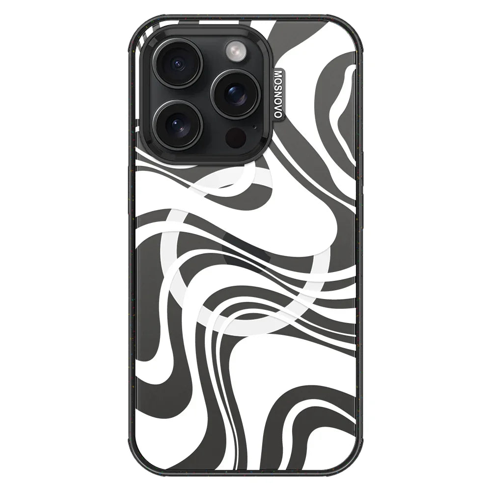White Swirl Phone Case - iPhone 15 Pro Case Clear Black ShockStone With MagSafe