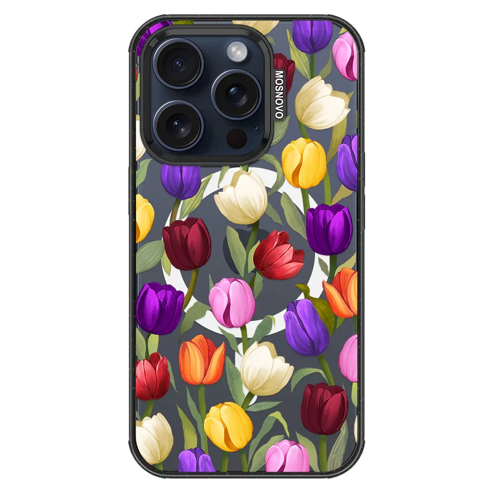Colorful Tulips Phone Case - iPhone 15 Pro Case Clear Black ShockStone With MagSafe