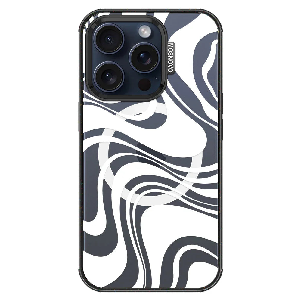 White Swirl Phone Case - iPhone 15 Pro Case Clear Black ShockStone With MagSafe