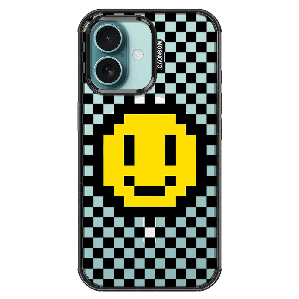 Smile Checkered Phone Case - iPhone 16 Case Clear Black ShockStone With MagSafe