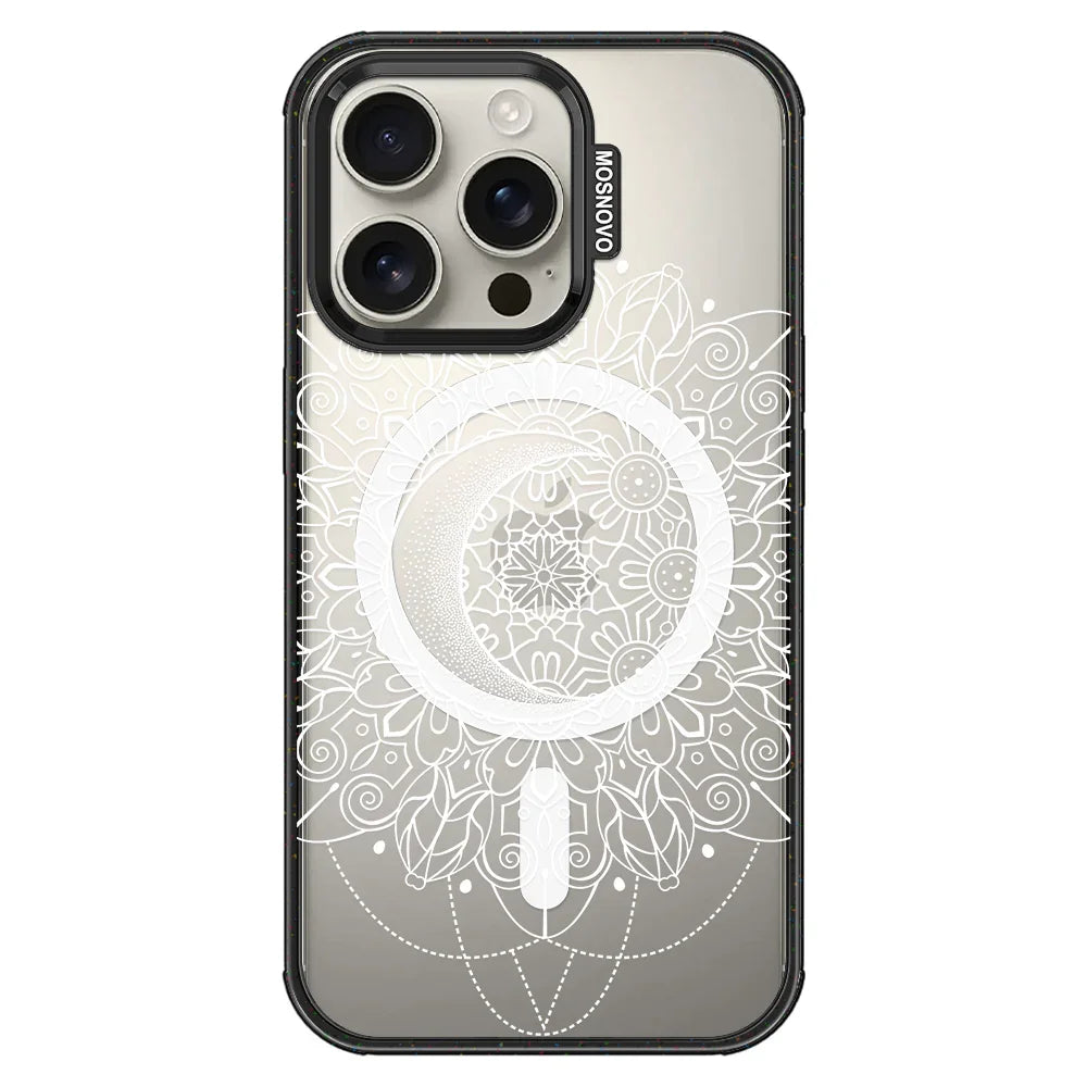 Celestial Moon Mandala Phone Case - iPhone 16 Pro Case Clear Black ShockStone With MagSafe