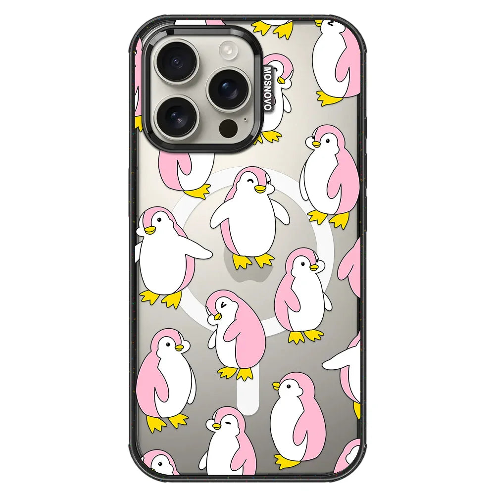 Pink Penguins Phone Case - iPhone 16 Pro Max Case Clear Black ShockStone With MagSafe