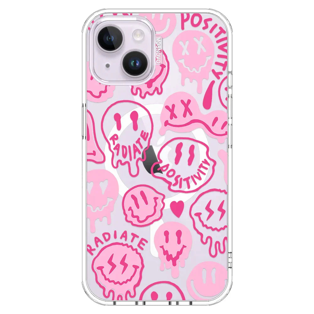 Pink Dripping Smiles Positivity Radiate Face Phone Case - iPhone 14 Case Clear With MagSafe