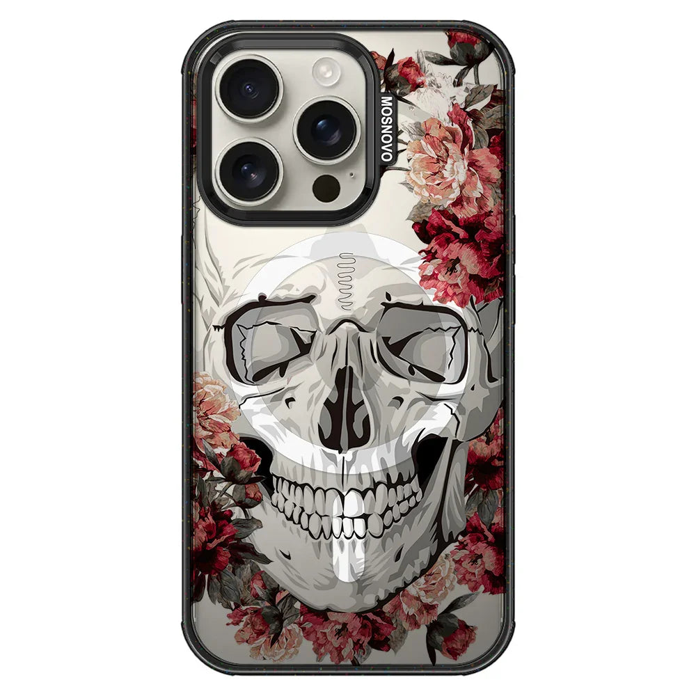Red Flower Skull Phone Case - iPhone 16 Pro Case Clear Black ShockStone With MagSafe