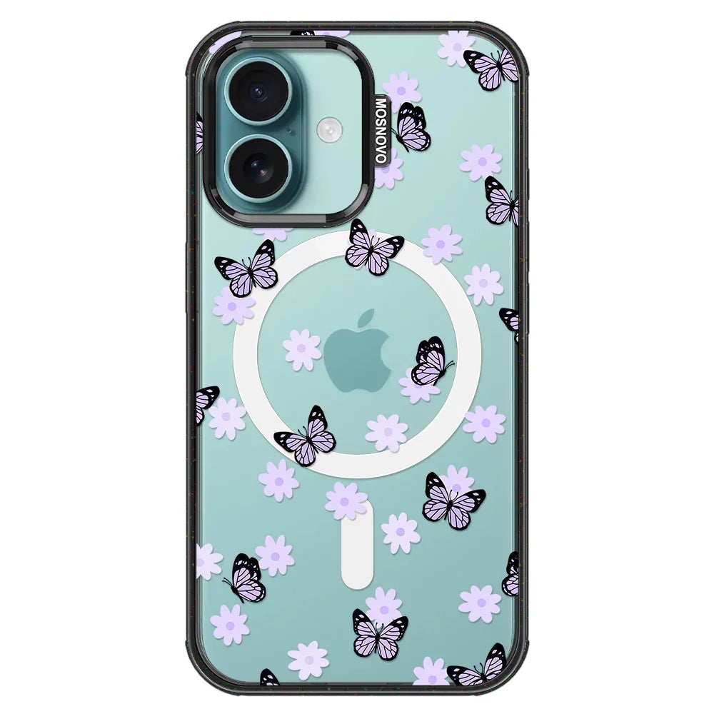 Lilac Butterfly Phone Case - iPhone 16 Case Clear Black ShockStone With MagSafe
