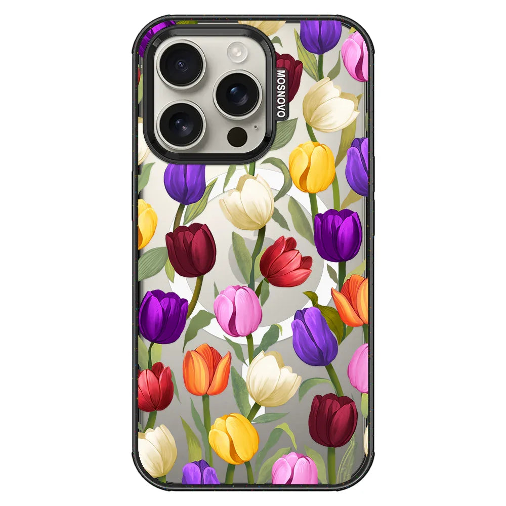 Colorful Tulips Phone Case - iPhone 16 Pro Case Clear Black ShockStone With MagSafe