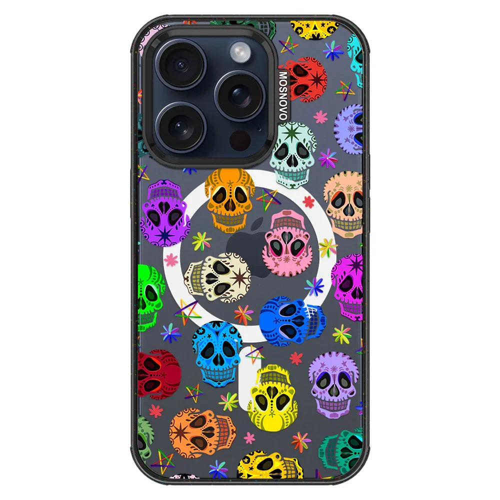 Sugar Skull Phone Case - iPhone 15 Pro Case Clear Black ShockStone With MagSafe