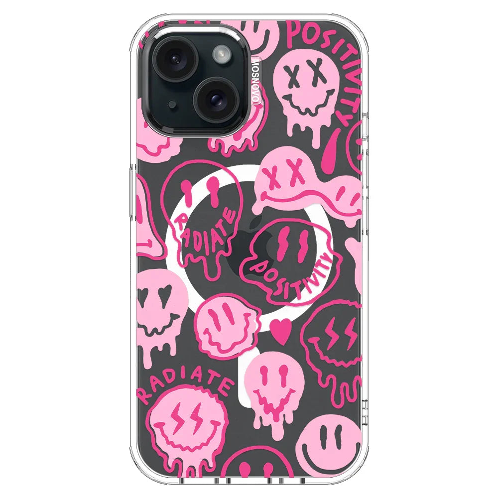 Pink Dripping Smiles Positivity Radiate Face Phone Case - iPhone 15 Case Clear With MagSafe