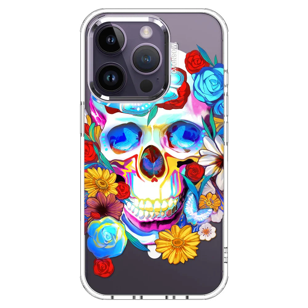 Sugar Flower Skull Phone Case - iPhone 14 Pro Case Clear With MagSafe