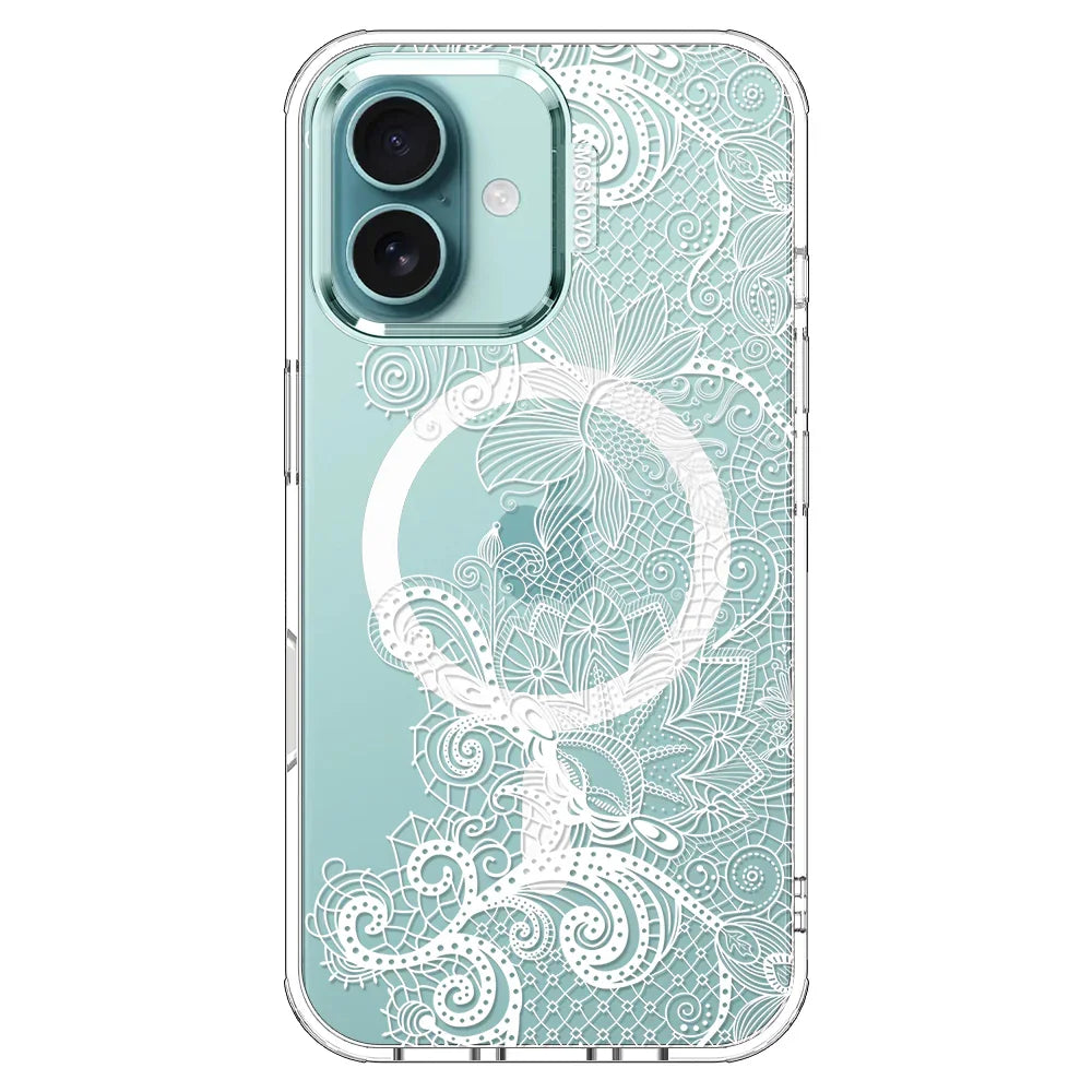 Lacy White Flower Phone Case - iPhone 16 Case Clear With MagSafe