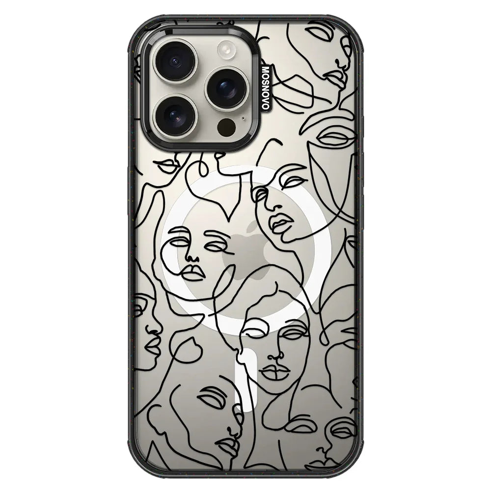 Abstract Face Line Art Phone Case - iPhone 16 Pro Max Case Clear Black ShockStone With MagSafe