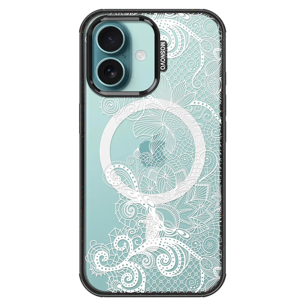 Lacy White Flower Phone Case - iPhone 16 Case Clear Black ShockStone With MagSafe