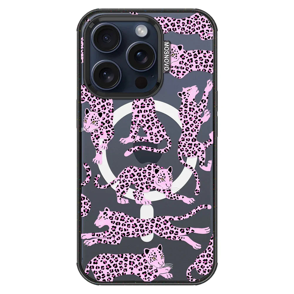Pink Leopard Phone Case - iPhone 15 Pro Case Clear Black ShockStone With MagSafe