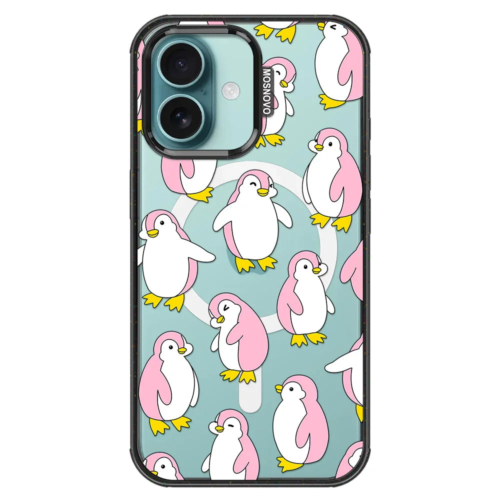 Pink Penguins Phone Case - iPhone 16 Plus Case Clear Black ShockStone With MagSafe