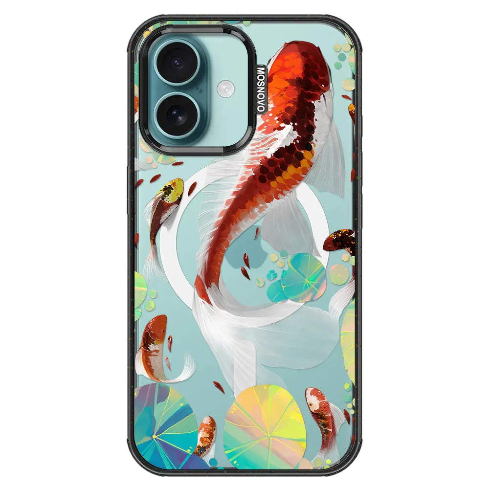 Koi Art Phone Case - iPhone 16 Case Clear Black ShockStone With MagSafe