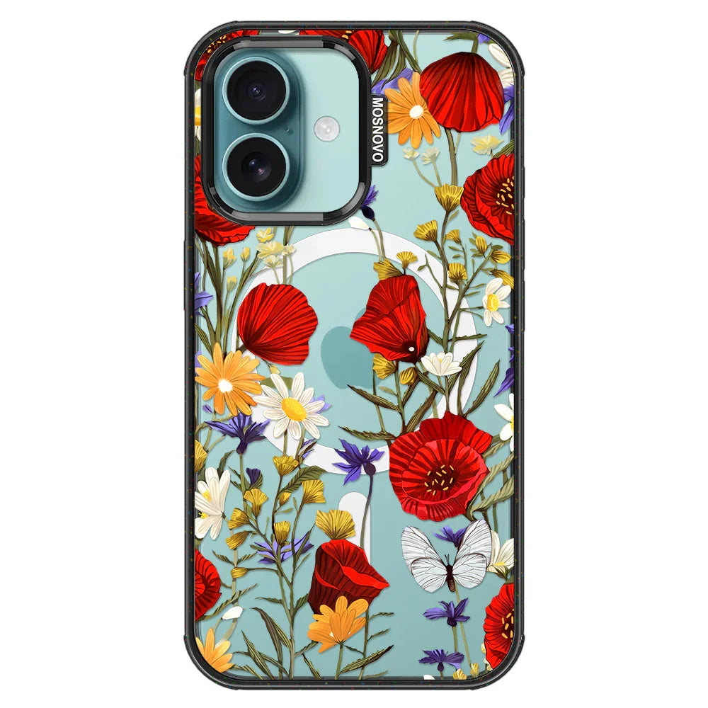 Poppy Floral Phone Case - iPhone 16 Plus Case Clear Black ShockStone With MagSafe