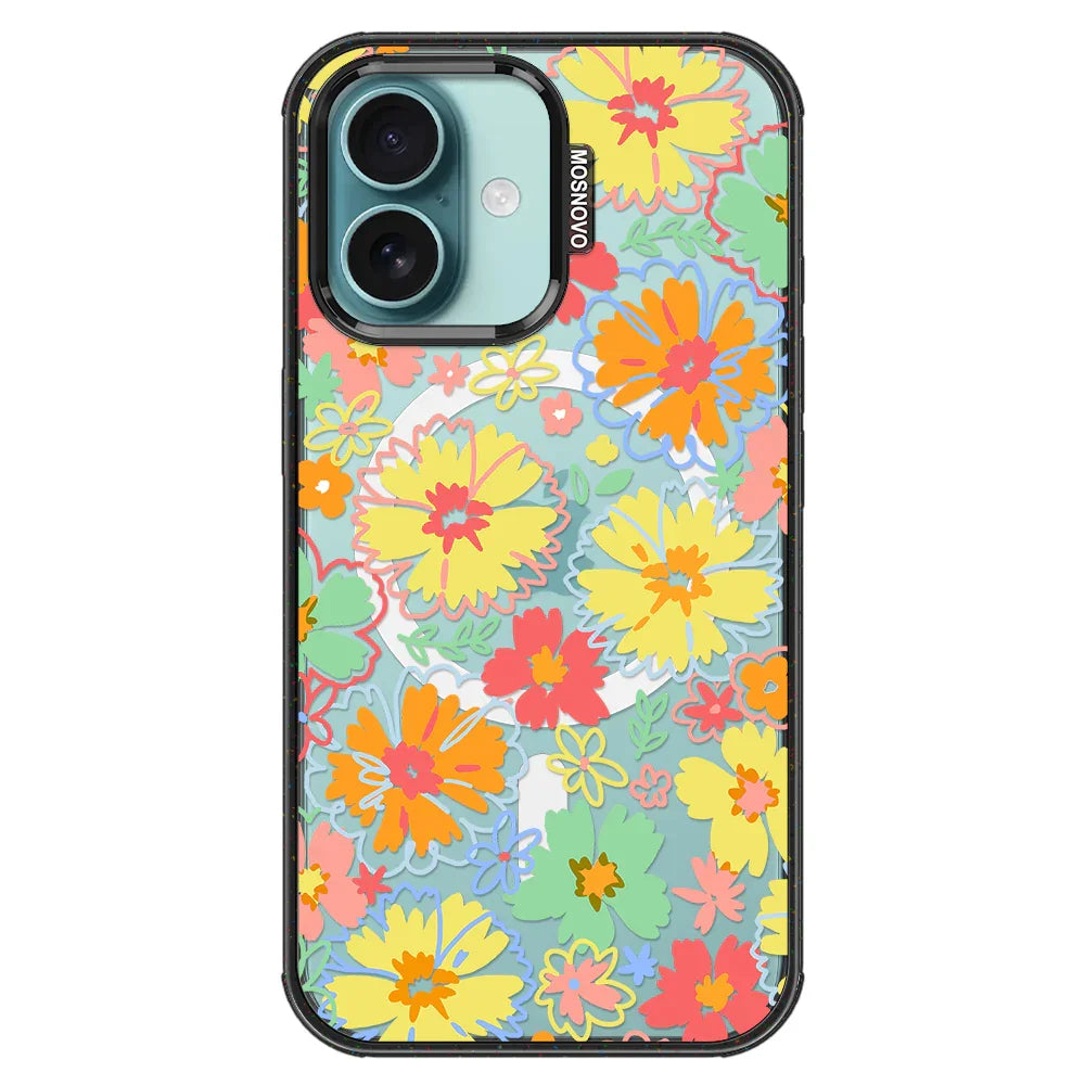 Retro Boho Hippie Flowers Phone Case - iPhone 16 Plus Case Clear Black ShockStone With MagSafe