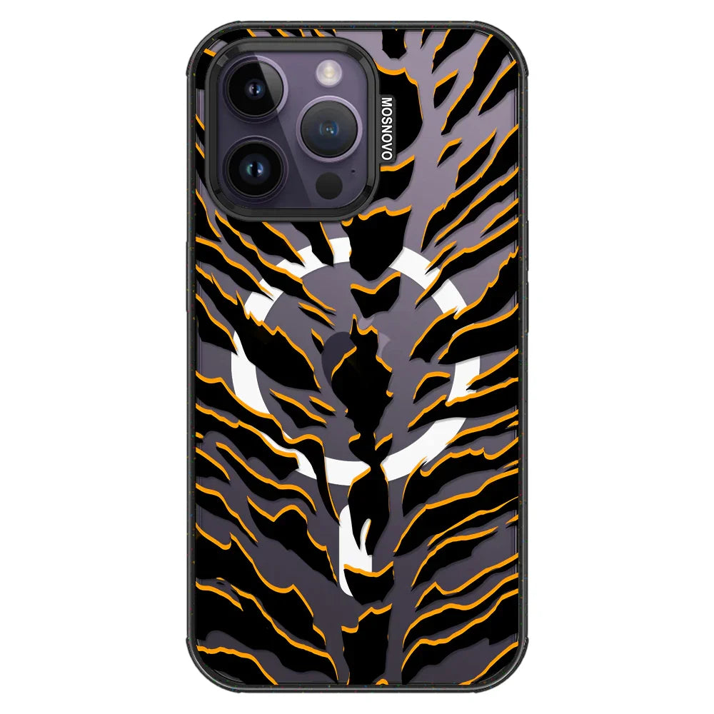 Tiger Print Phone Case - iPhone 14 Pro Max Case Clear Black ShockStone With MagSafe