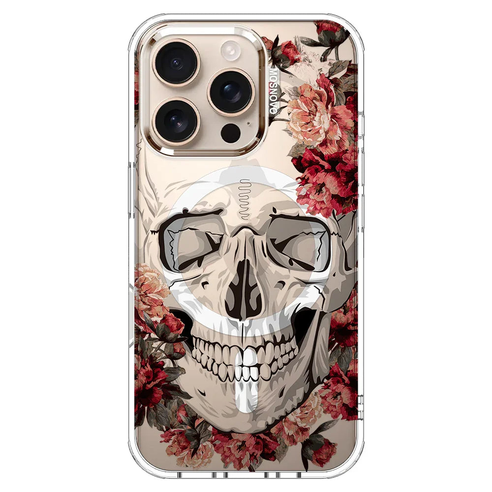 Red Flower Skull Phone Case - iPhone 16 Pro Case Clear With MagSafe