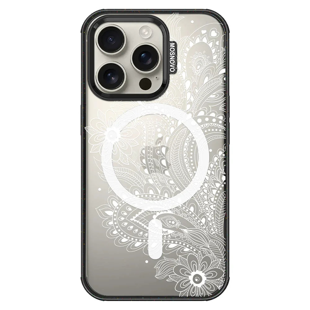Aesthetic Flower Henna Phone Case - iPhone 16 Pro Case Clear Black ShockStone With MagSafe