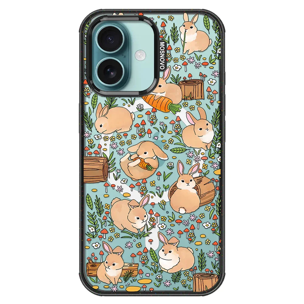 Cute Bunny Garden Phone Case - iPhone 16 Case Clear Black ShockStone With MagSafe