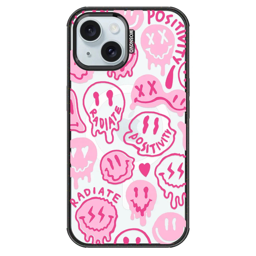 Pink Dripping Smiles Positivity Radiate Face Phone Case - iPhone 15 Case Clear Black ShockStone With MagSafe