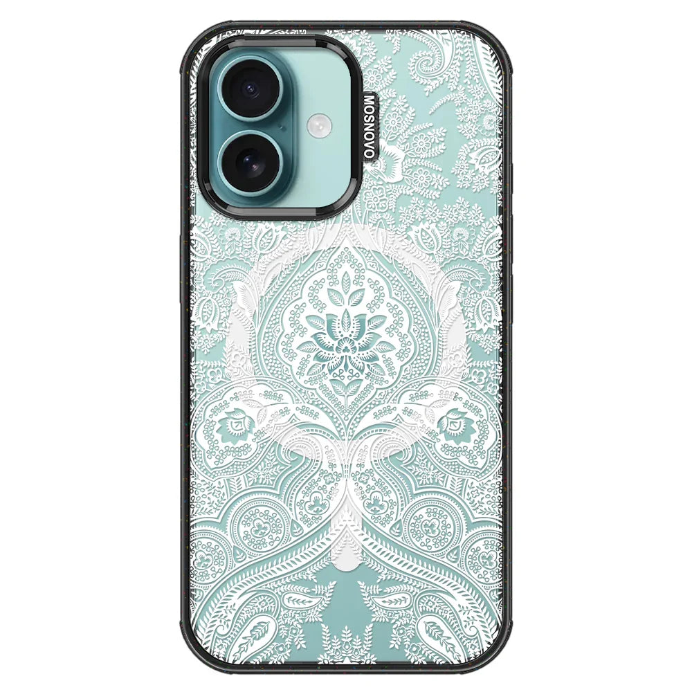 White Damask Phone Case - iPhone 16 Plus Case Clear Black ShockStone With MagSafe