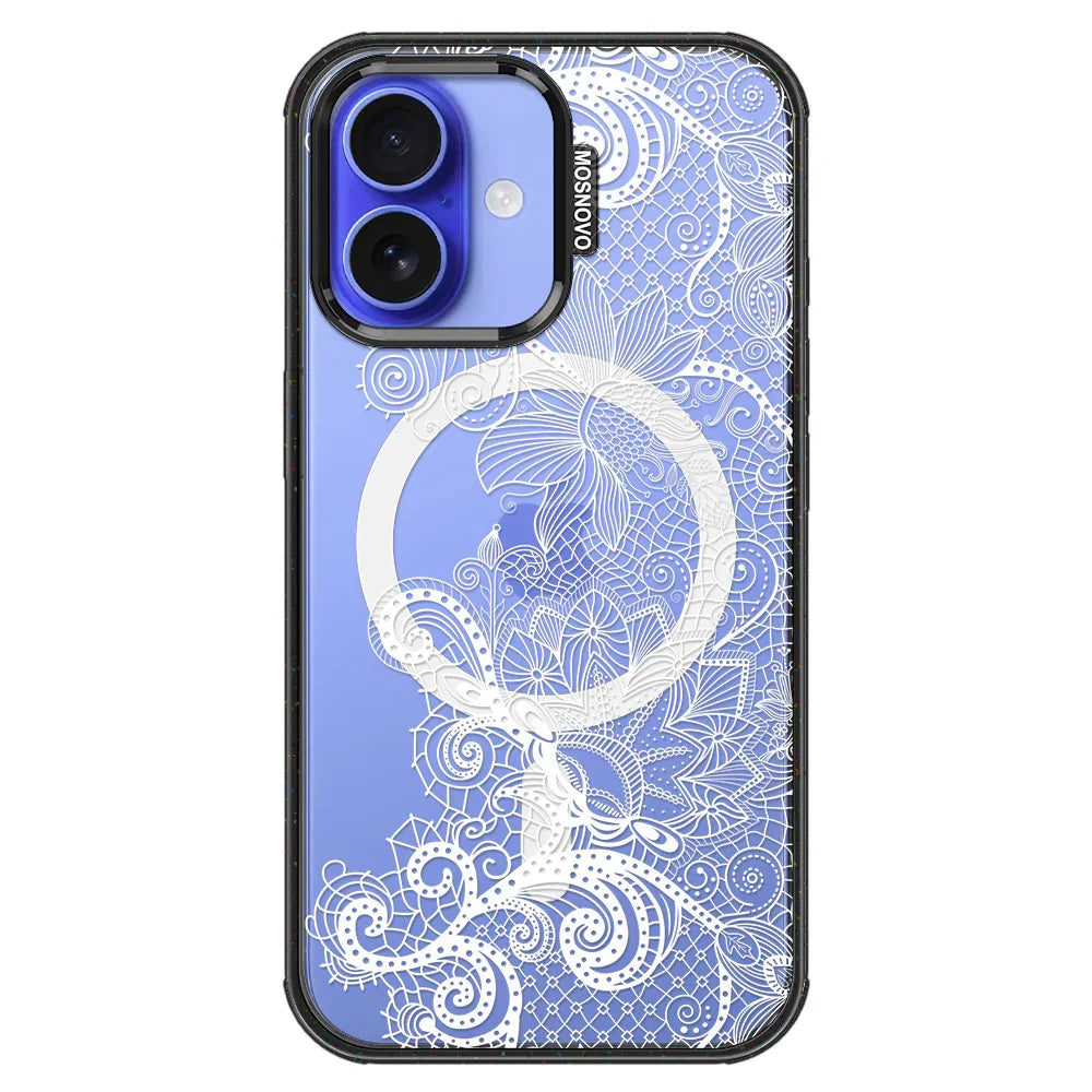 Lacy White Flower Phone Case - iPhone 16 Case Clear Black ShockStone With MagSafe