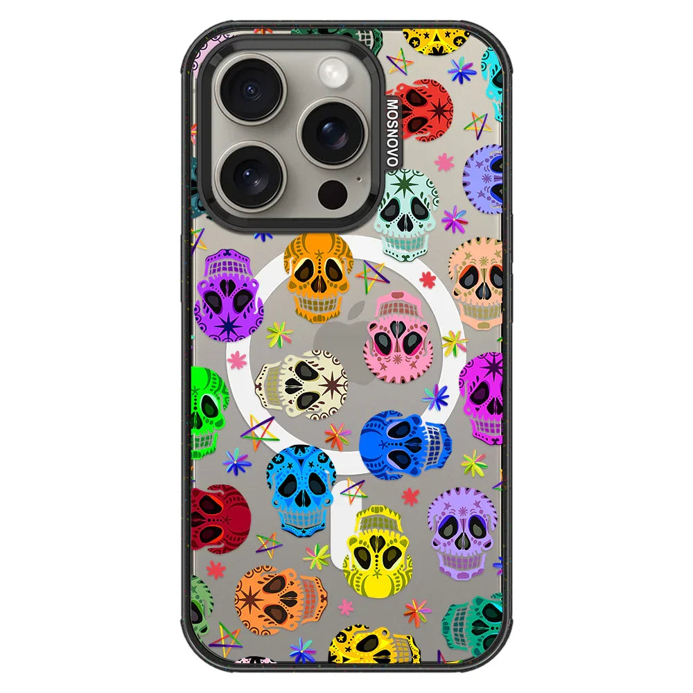 Sugar Skull Phone Case - iPhone 15 Pro Case Clear Black ShockStone With MagSafe