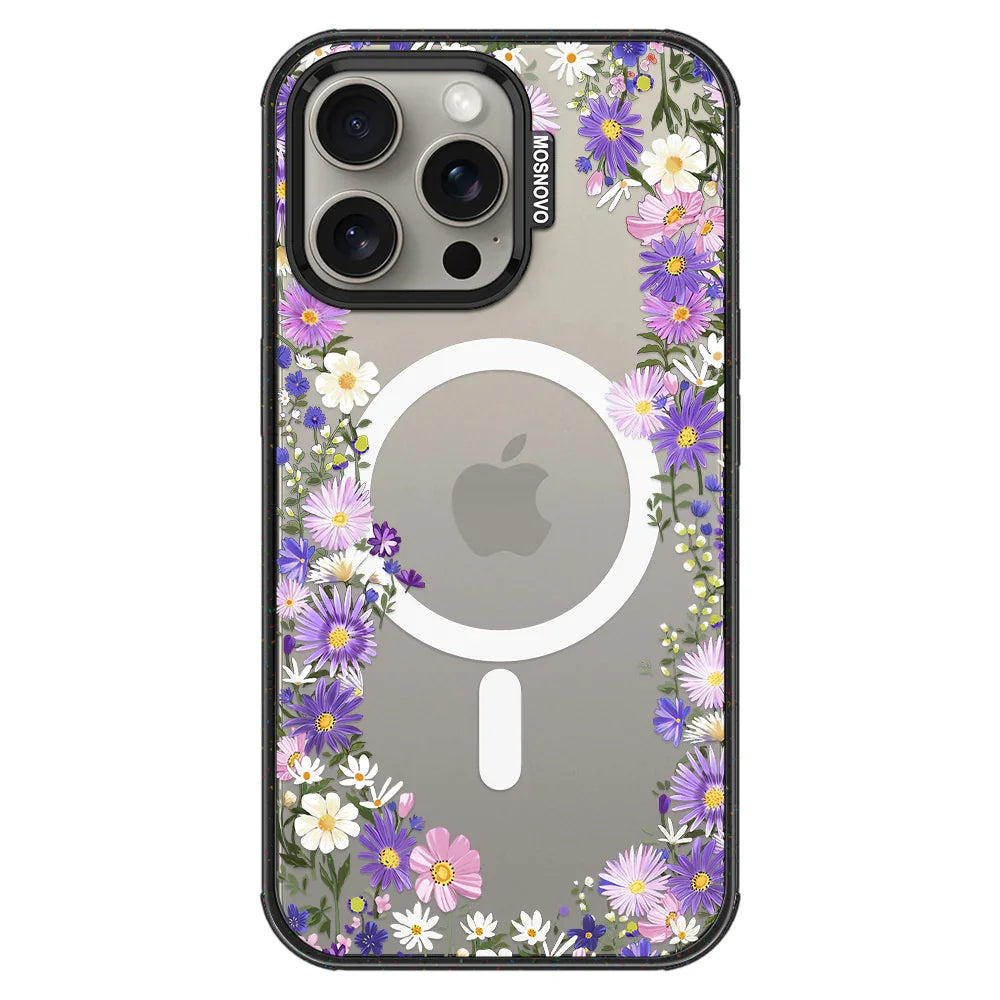 Purple Daisy Garden Phone Case - iPhone 15 Pro Max Case Clear Black ShockStone With MagSafe