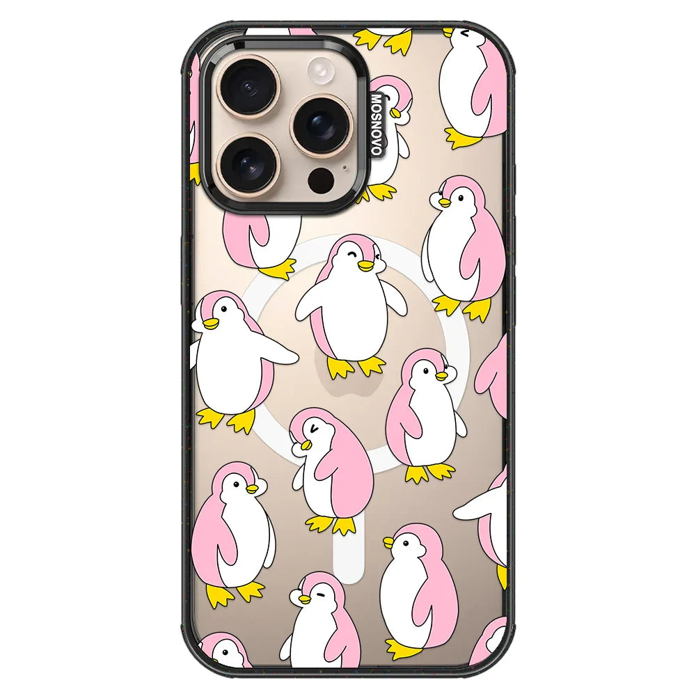 Pink Penguins Phone Case - iPhone 16 Pro Max Case Clear Black ShockStone With MagSafe