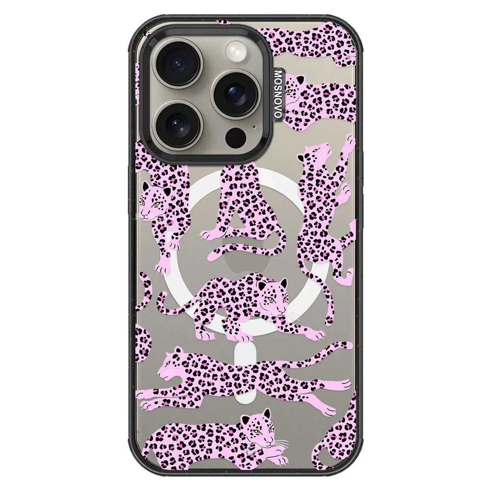 Pink Leopard Phone Case - iPhone 15 Pro Case Clear Black ShockStone With MagSafe