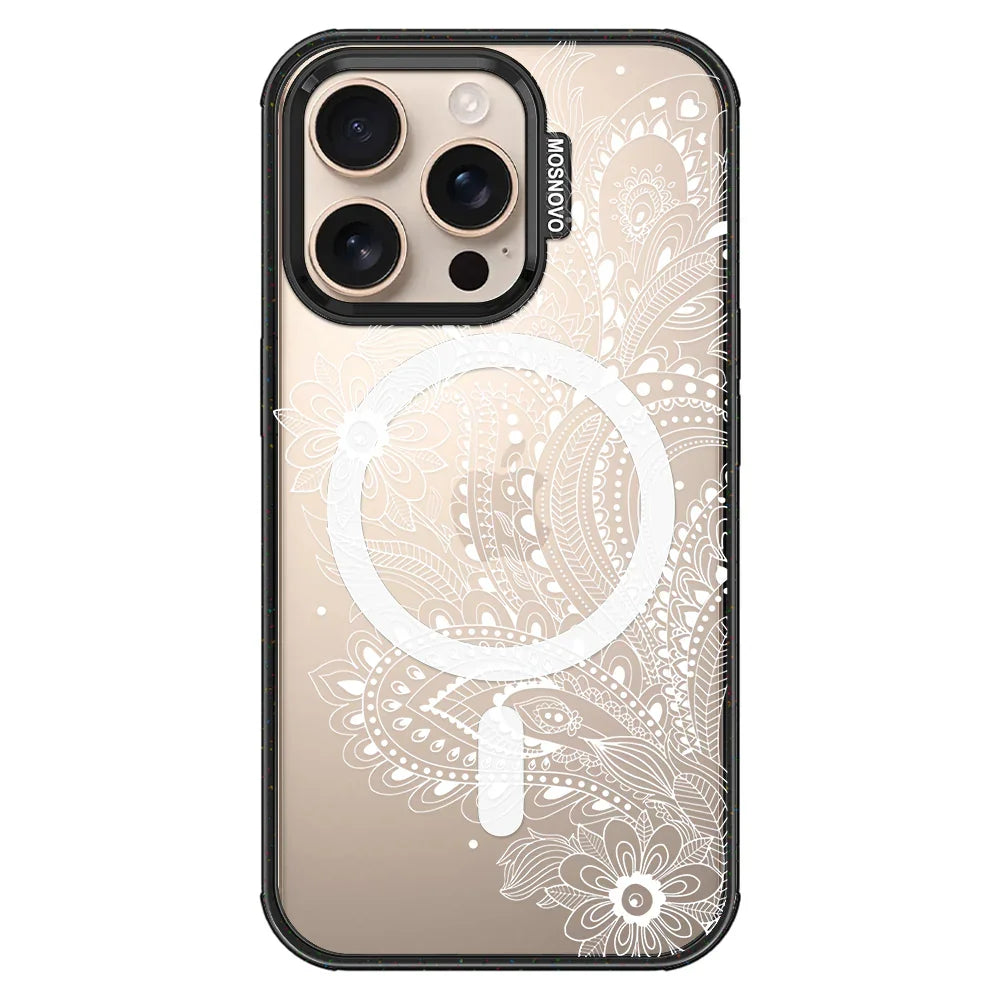 Aesthetic Flower Henna Phone Case - iPhone 16 Pro Case Clear Black ShockStone With MagSafe