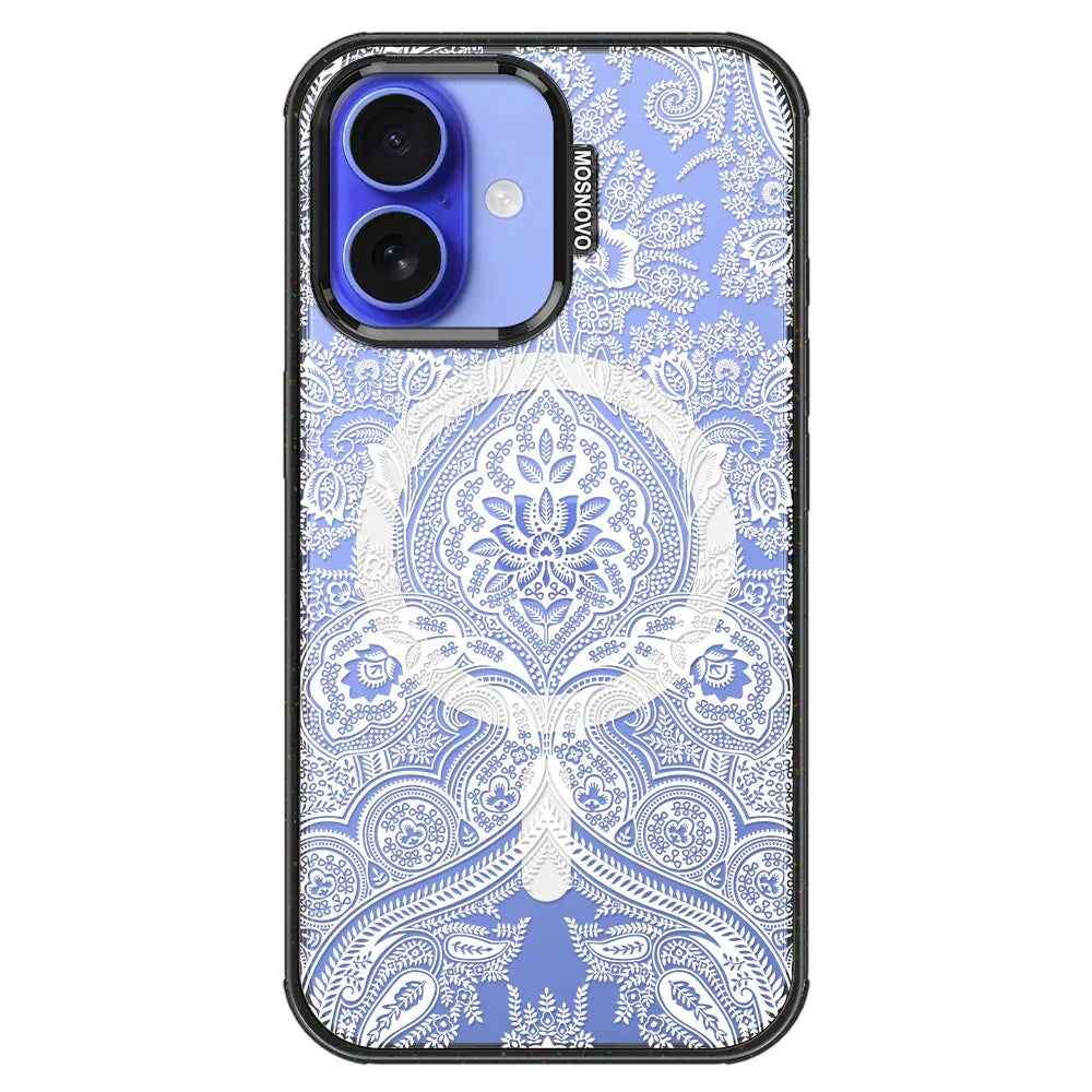 White Damask Phone Case - iPhone 16 Plus Case Clear Black ShockStone With MagSafe