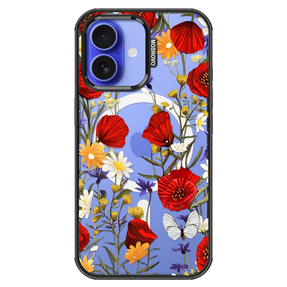 Poppy Floral Phone Case - iPhone 16 Plus Case Clear Black ShockStone With MagSafe
