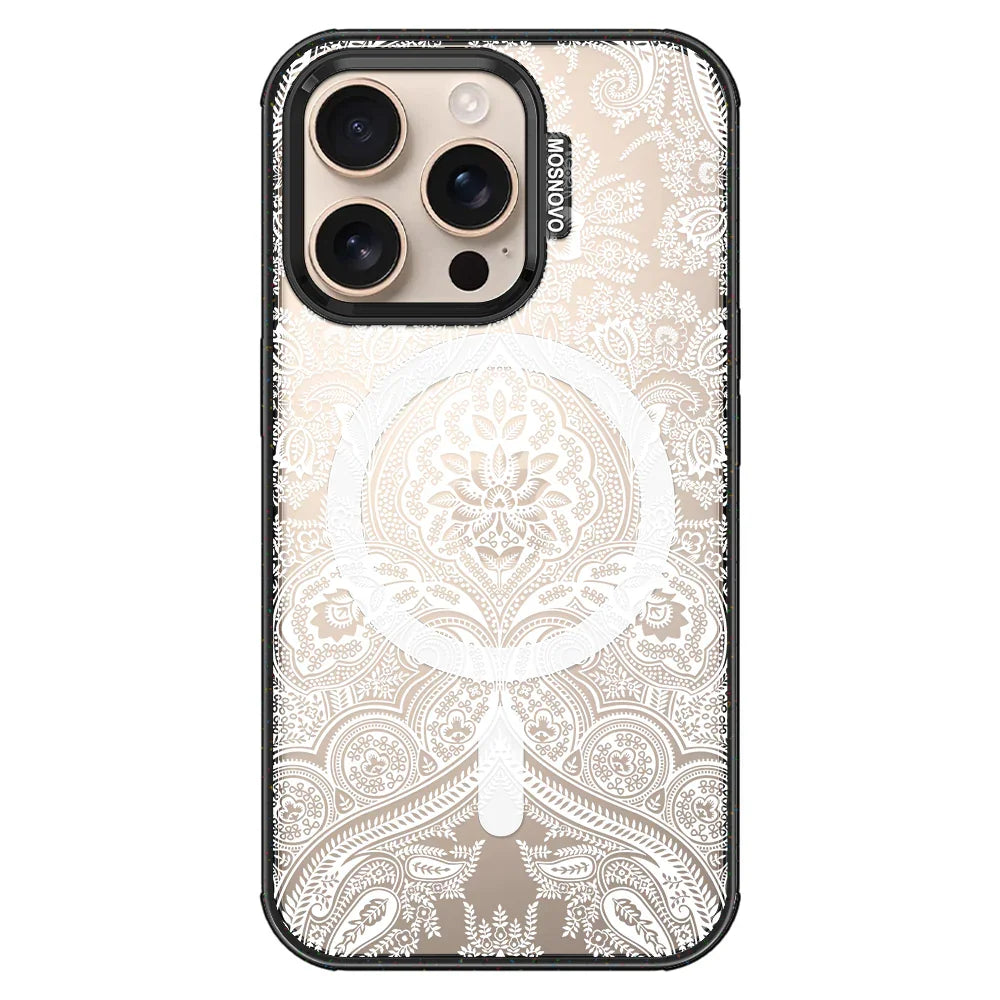 White Damask Phone Case - iPhone 16 Pro Case Clear Black ShockStone With MagSafe
