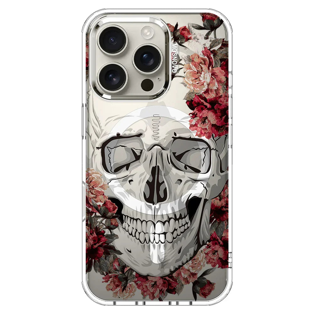 Red Flower Skull Phone Case - iPhone 16 Pro Case Clear With MagSafe