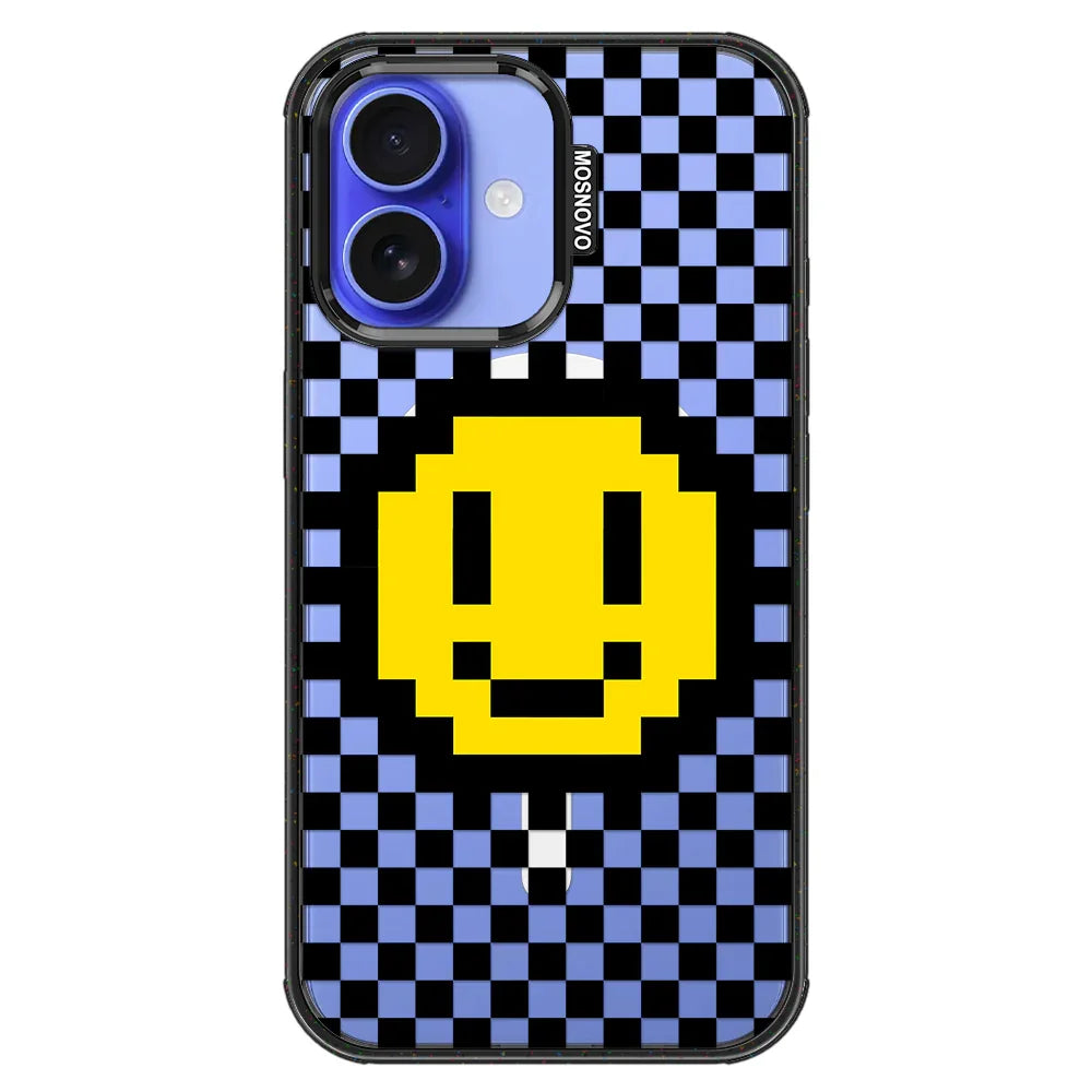 Smile Checkered Phone Case - iPhone 16 Case Clear Black ShockStone With MagSafe