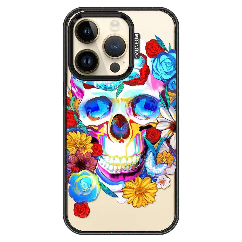 Sugar Flower Skull Phone Case - iPhone 14 Pro Case Clear Black ShockStone With MagSafe